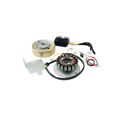 A XSCharge™ XS650 Permanent Magnet Alternator Kit PMA (Fits All Years) motor starter kit for a Yamaha XS650 motorcycle with a battery and charging system.