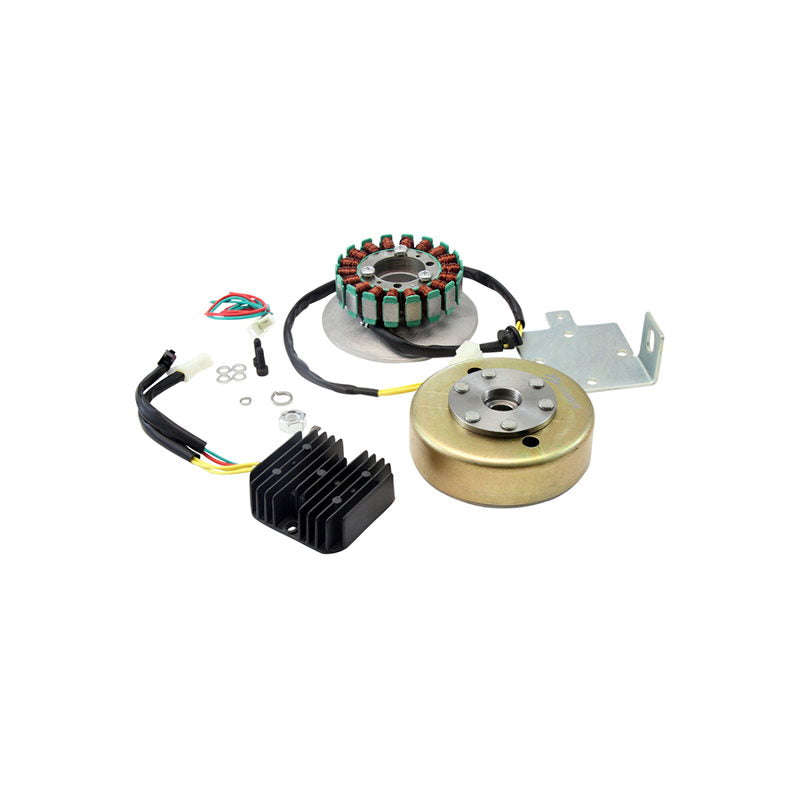 A XSCharge™ XS650 Permanent Magnet Alternator Kit PMA (Fits All Years) motor starter kit for a Yamaha XS650 motorcycle, including the charging system and battery.