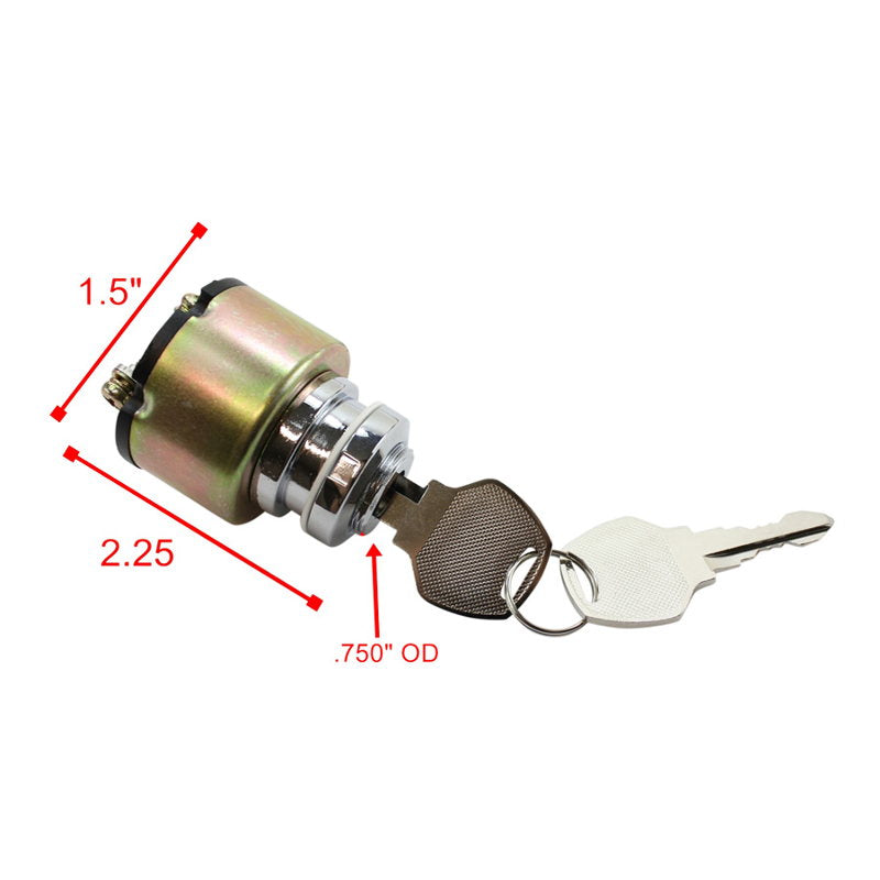 A lock with a key, measurements, and labeled terminals for a Moto Iron® Universal Ignition Switch.