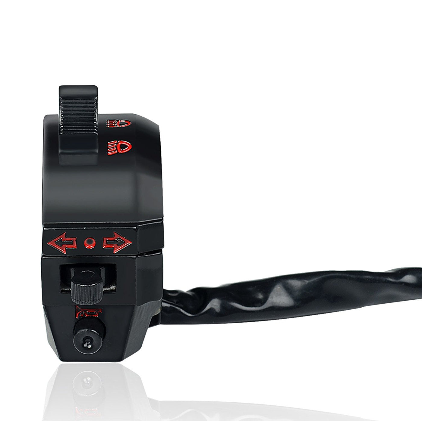 A black and red Moto Iron® Universal Compact Handlebar Multi-Switch for 7/8" Bars (hi/lo beam, turn signal, horn) with a red button.