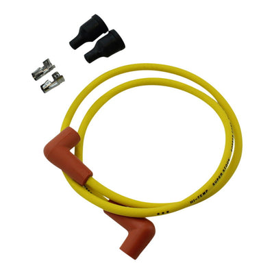 A Universal 7mm Yellow Spark Plug Wire Set 28" Long (Fits All Harley Models) with a black plug, manufactured by Mid-USA.