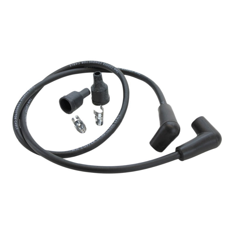 A black wire with a Mid-USA Universal 7mm Black Spark Plug Wire Set 28" Long (Fits All Harley Models).
