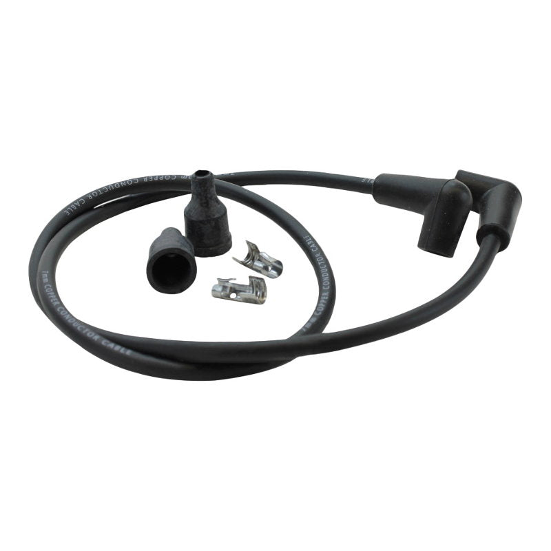 A black wire with a plug and Mid-USA Universal 7mm Black Spark Plug Wire Set 28" Long (Fits All Harley Models) spark plug wires.