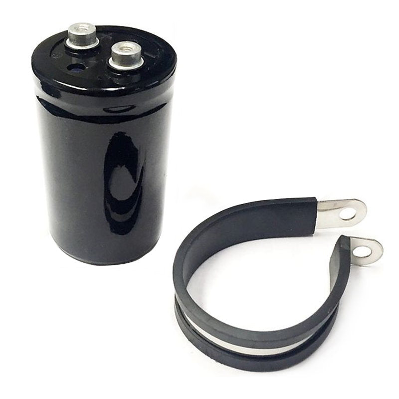 A black Battery Eliminator Capacitor Kit for XS650 PMA Charging System with a metal ring and Permanent Magnet Alternator (PMA) attached to it, made by XS-Charge.