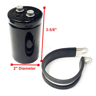 A black Battery Eliminator Capacitor Kit for XS650 PMA Charging System with a black cord and a measurement by XS-Charge.