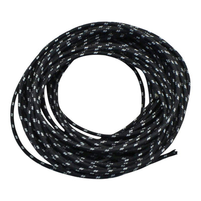 A black and white braided cord on a Moto Iron® Black (14ga) Vintage Cloth Covered Wire 25ft background.