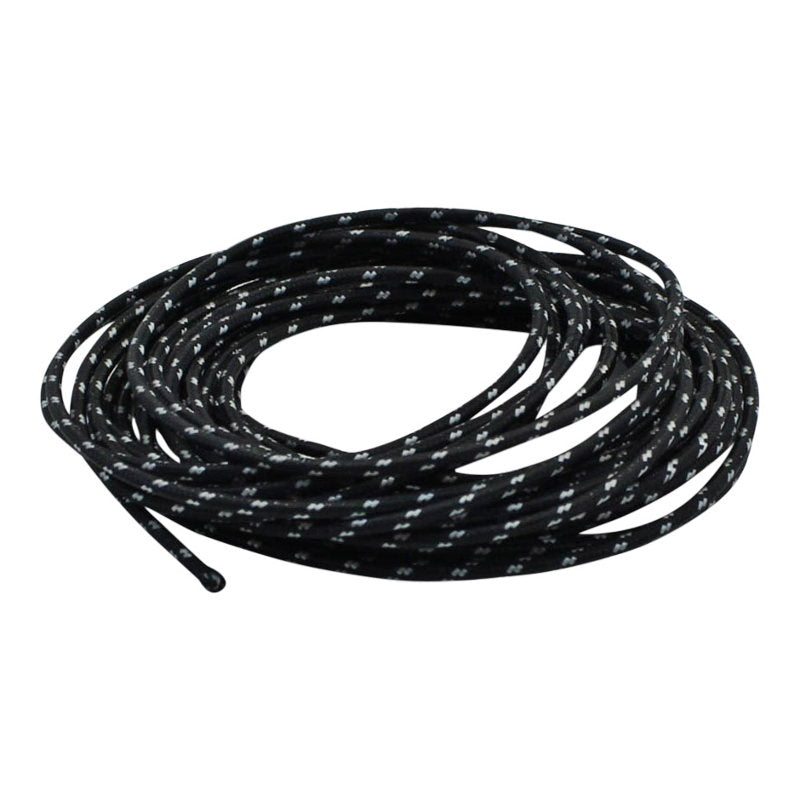 A Moto Iron® black and white braided cord on a white background with Moto Iron® vintage style cloth covered wire.