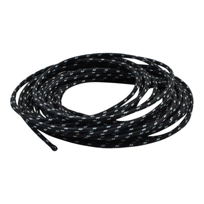 A Moto Iron® black and white braided cord on a white background with Moto Iron® vintage style cloth covered wire.