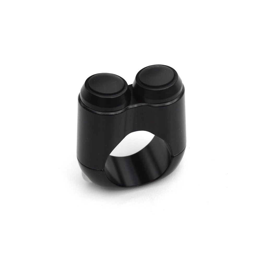 A Motone DUAL BUTTON MICROSWITCH 7/8" METRIC HANDLEBAR - BLACK motorcycle switch housing ring with two momentary buttons on it.