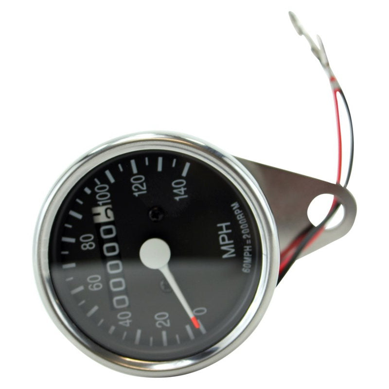 A close-up of a Biker's Choice Mini Speedometer Kit Fits Sportster Late 1973-1994, 73-94 FX, FXR with a chrome mounting clamp.