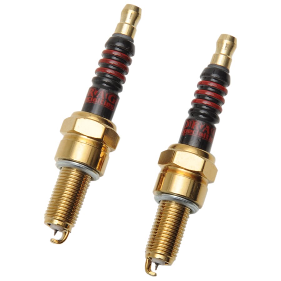 Two Iridium Spark Plugs - M8 Softail/Touring, XG Street 500 &750 Models by Drag Specialties on a white background.