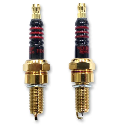 Two gold Iridium Spark Plugs - M8 Softail/Touring, XG Street 500 &750 Models on a white background, highlighting the NGK Reference and Drag Specialties.