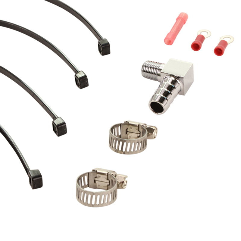 A set of Biker's Choice hoses and connectors for a car, including the Single Gauge Mounting Kit for Sportster 1995-2005 - Chrome and speedometers.
