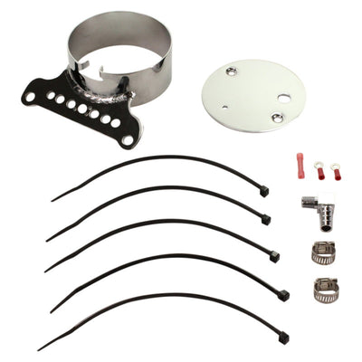 A set of parts for a motorcycle, including a Single Gauge Mounting Kit for Sportster 1995-2005 - Chrome by Biker's Choice.
