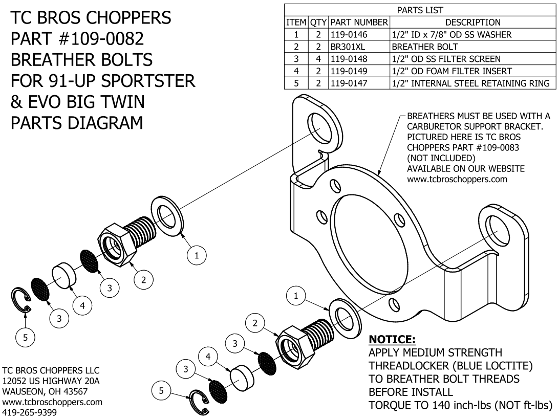 A diagram illustrating the parts for the TC Bros Breather Bolts For 1991-2022 Sportster & EVO Big Twin, including aftermarket air cleaners and crankcase venting.