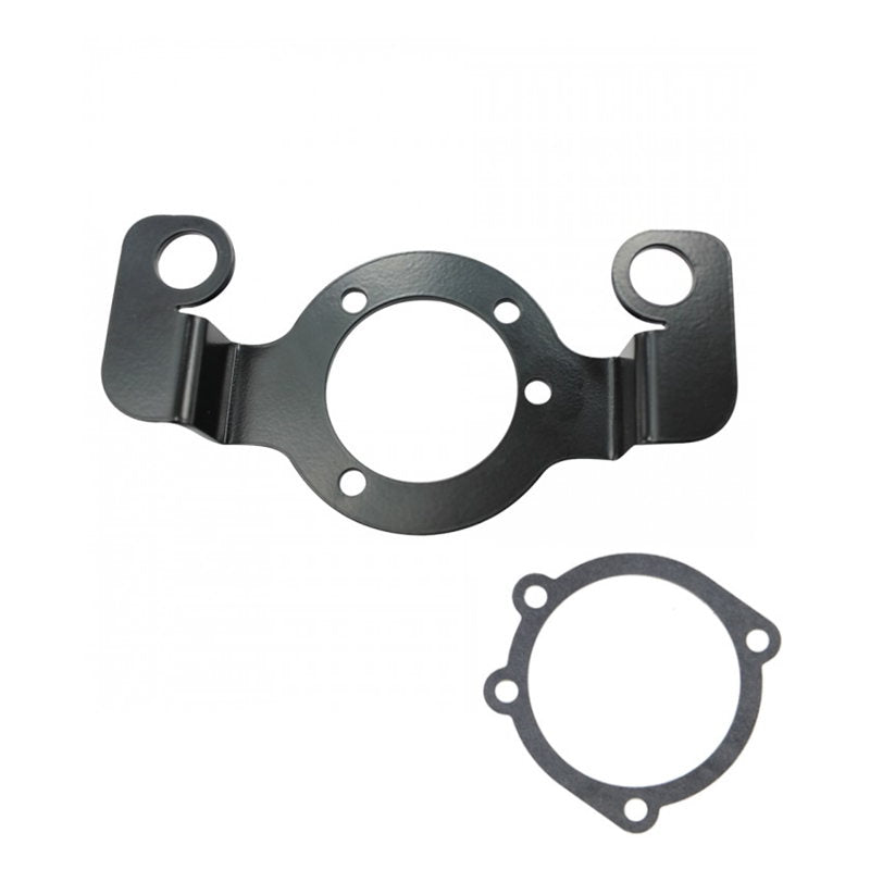 An image of a TC Bros Air Cleaner/Carb Support Bracket for 91-06 Sportster and a gasket used for aftermarket air filters.