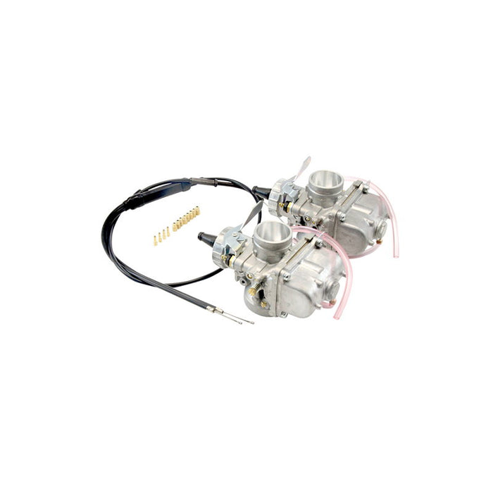 Two Mikuni 34MM VM round-slide performance carburetors for Yamaha XS650 are shown with a cable set and a Mikuni Carb Kit tuned by TC Bros. for Yamaha XS650 1976-1984 in front.