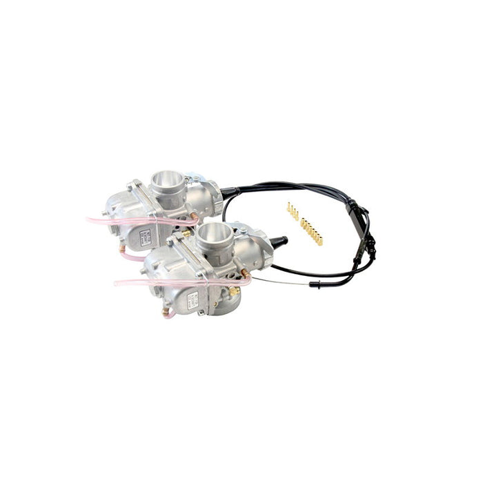 Two Mikuni 34MM VM round-slide performance carburetors for Yamaha XS650 are shown with a cable set and a Mikuni Carb Kit tuned by TC Bros. for Yamaha XS650 1976-1984 in front.