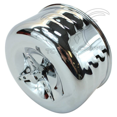 An image of a TC Bros. chrome wheel on a white background, featuring Hot-Rod style and a TC Bros. Louvered Air Cleaner with Bendix Zenith & Keihin Butterfly Carbs.