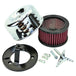 A TC Bros. Chrome Louvered Air Cleaner for S&S Super E & G Carbs with a chrome cover, a cylindrical red air filter, a black mounting bracket, three bolts, a screw, and a three-spoke wing nut are displayed, perfect for V-Twin engines.