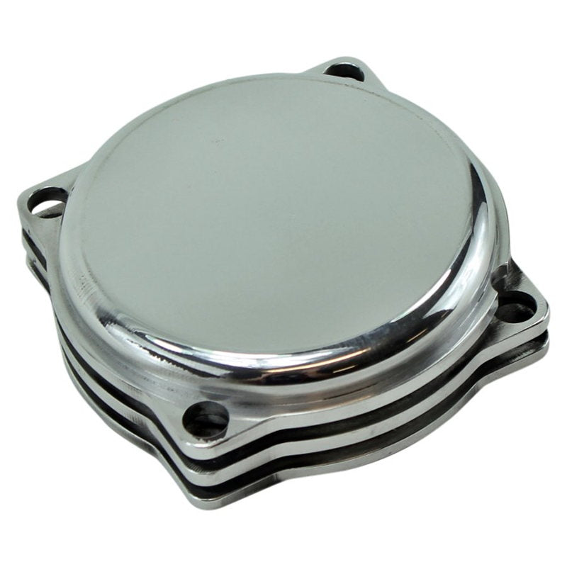 A close-up of a silver LC Fabrications HD CV Carb Cap (polished).
