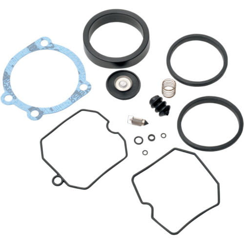 The Moto Iron® Keihin CV Carb Rebuild Kit includes assorted gaskets, seals, spring, filter, and O-rings. Fits Sportster 88-06 and Big Twin 90-06 models. All components shown on a white background.