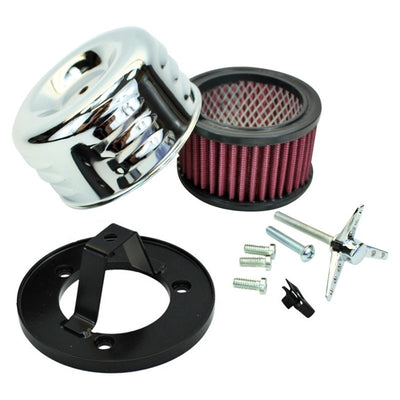 A TC Bros. Chrome Louvered Air Cleaner Bendix Zenith & Keihin Butterfly Carbs air filter kit for a motorcycle.