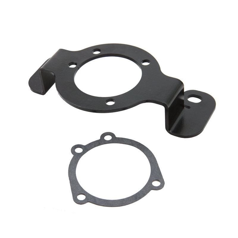 A black gasket and a TC Bros. aftermarket air filter for a TC Bros. Air Cleaner/Carb Support Bracket for 88-90 Sportster Models.
