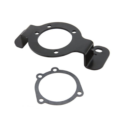 A black gasket and a TC Bros. aftermarket air filter for a TC Bros. Air Cleaner/Carb Support Bracket for 88-90 Sportster Models.