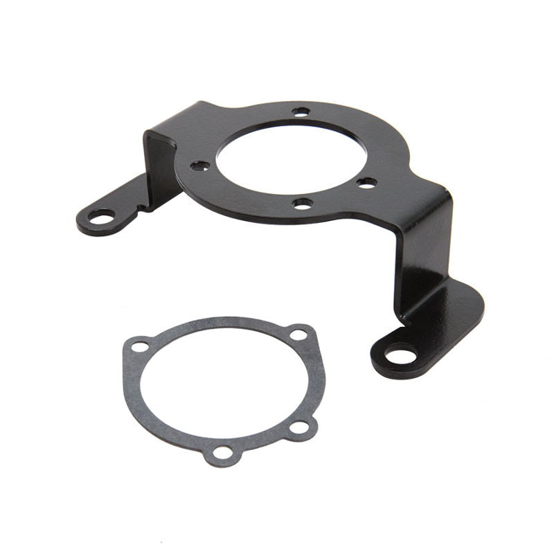 A black TC Bros Air Cleaner/Carb Support Bracket for HD Twin Cam Engines mount for a gasket and a gasket designed specifically for an TC Bros Air Cleaner/Carb Support Bracket for HD Twin Cam Engines.