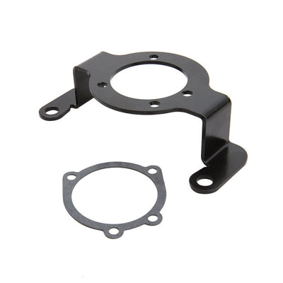 A black TC Bros Air Cleaner/Carb Support Bracket for HD Twin Cam Engines mount for a gasket and a gasket designed specifically for an TC Bros Air Cleaner/Carb Support Bracket for HD Twin Cam Engines.