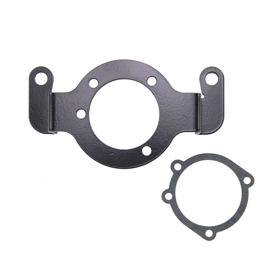 An image of a TC Bros. Air Cleaner/Carb Support Bracket for 1989-1999 Evo Big Twin CV and a gasket on a white background.