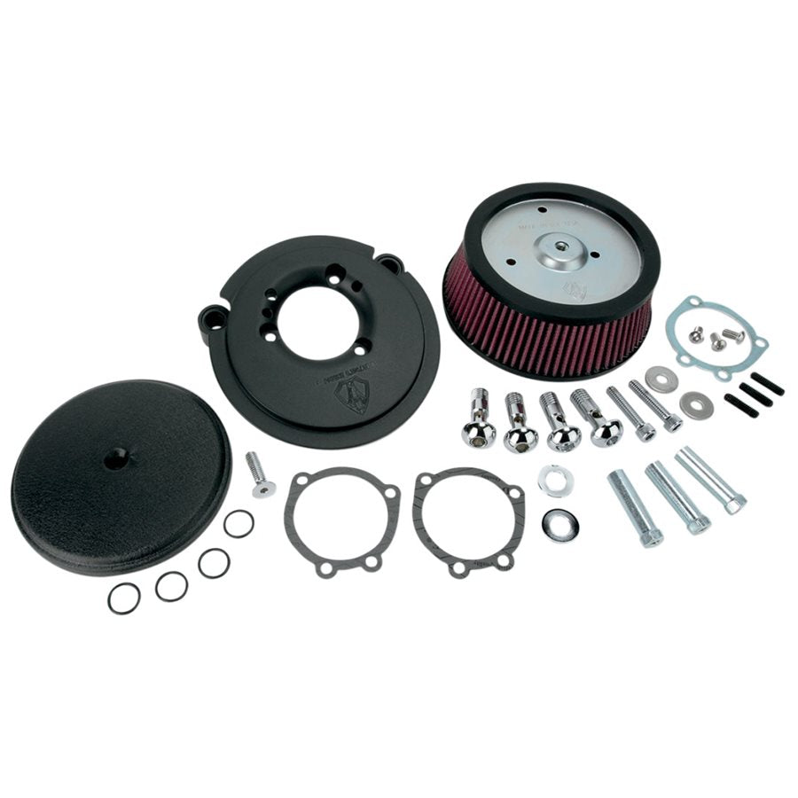 A black Big Sucker Stage 1 Air Filter Kit with Hidden Breather Technology for a motorcycle.