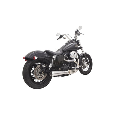 A Bassani Road Rage III 2-into-1 Stainless Exhaust 1991-17 FXD Dyna (91-17 w/mids)(07-17 w/forwards) motorcycle is parked on a white background.