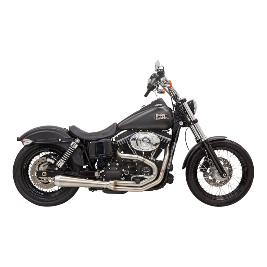 A black motorcycle on a white background, featuring the Road Rage III 2-into-1 Stainless Exhaust by Bassani.