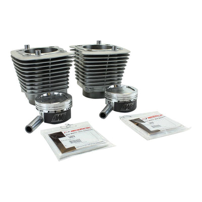 A set of cylinders and pistons for a Sportster 883 to 1200cc motorcycle conversion, specifically the Sportster 883 to 1200cc Complete Big Bore Kit 86-03 Silver by Wiseco/V-Twin.