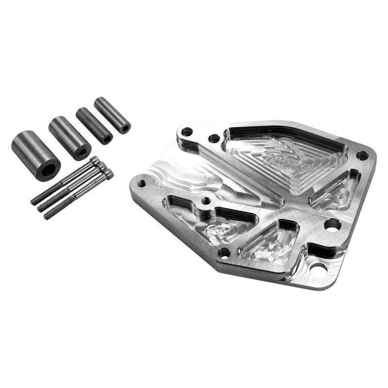 A set of aluminum parts, including a TC Bros. Billet Sprocket Cover for 86-03 Sportster - Aluminum, for a motorcycle.
