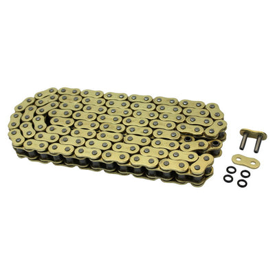 A set of TC Bros. 530 Gold Heavy Duty X-Ring Motorcycle Chain 120 Links on a white background.