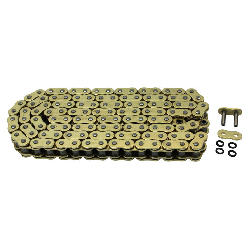 A set of TC Bros. 530 Gold Heavy Duty X-Ring Motorcycle Chain 120 Links on a white background.