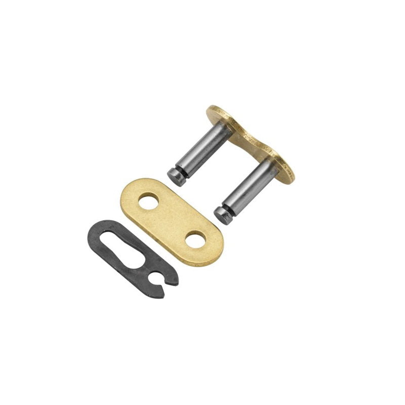 A pair of gold TC Bros. Master Link for TC Bros. 530H Motorcycle Chain Gold chain links and a pair of screws.