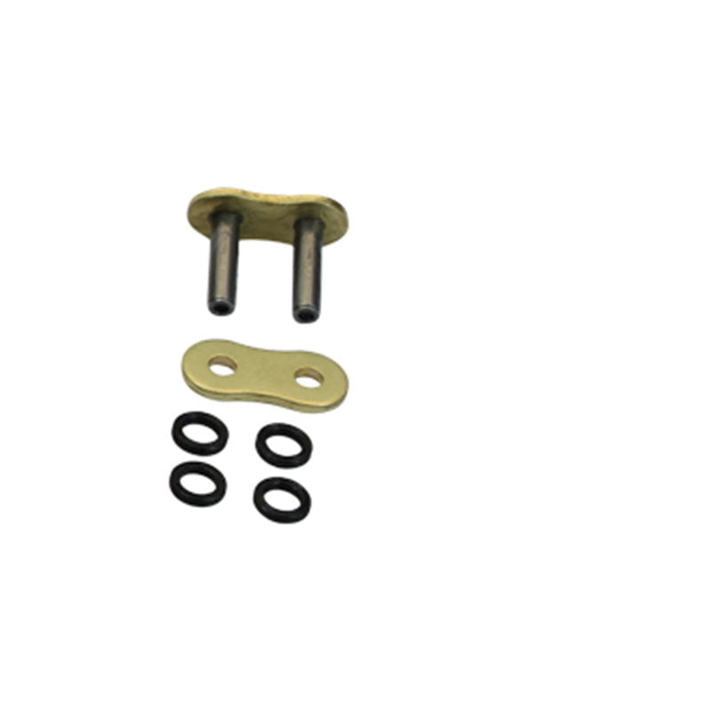 A set of Rivet Type Master Link for TC Bros. 530 X-Ring Motorcycle Chain Gold on a white background.