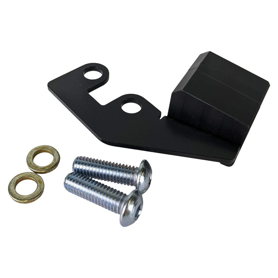 A black bracket with screws and bolts suitable for the TC Bros. Chain Slider 2006-2017 Harley Dyna and chain drive kits from TC Bros.