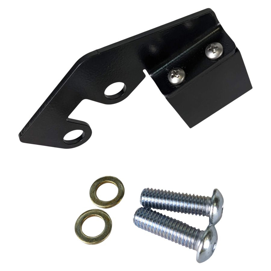 A black bracket with screws and bolts, the TC Bros. Chain Slider 2006-2017 Harley Dyna, is compatible with Harley Davidson Dyna motorcycles and chain drive kits.