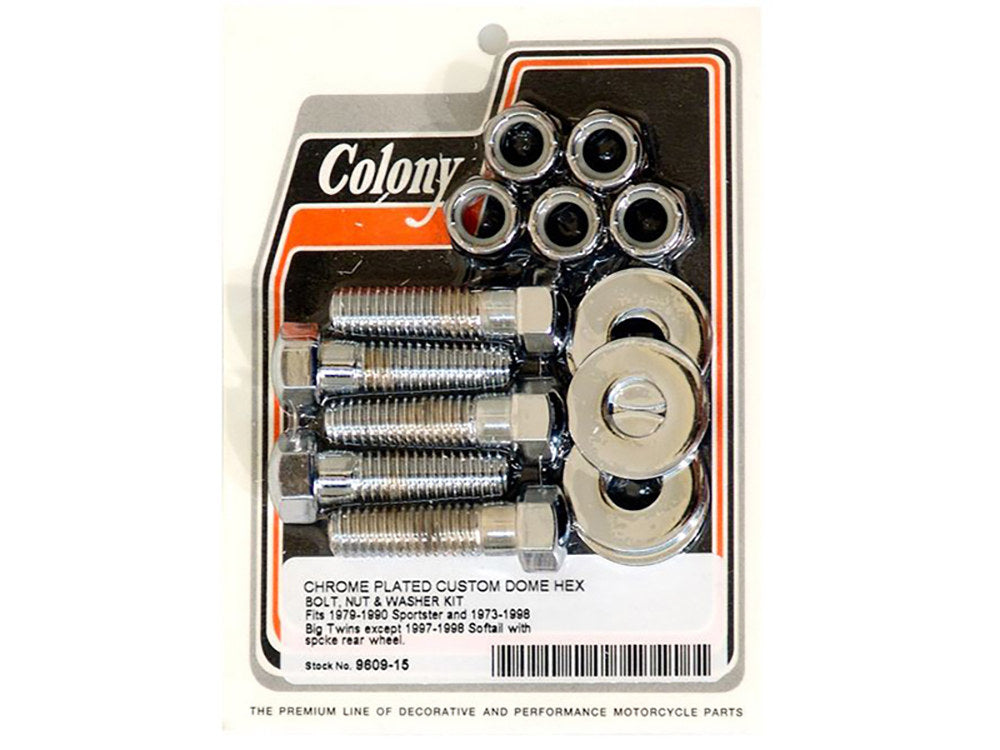 A package of Colony Machine #9609-15 Sprocket Bolt Set 1979-90 XL and 1973-98 Big Twin (Spoke Wheel) bolts, nuts, and washers.