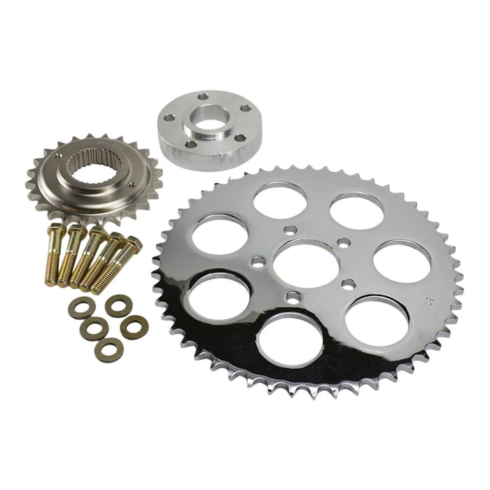 The TC Bros. Belt-to-Chain Conversion Kit for 2006-2017 Harley-Davidson Dyna (Chrome) includes metal sprockets, washers, bolts, and a spacer—ideal for your belt-to-chain conversion project.