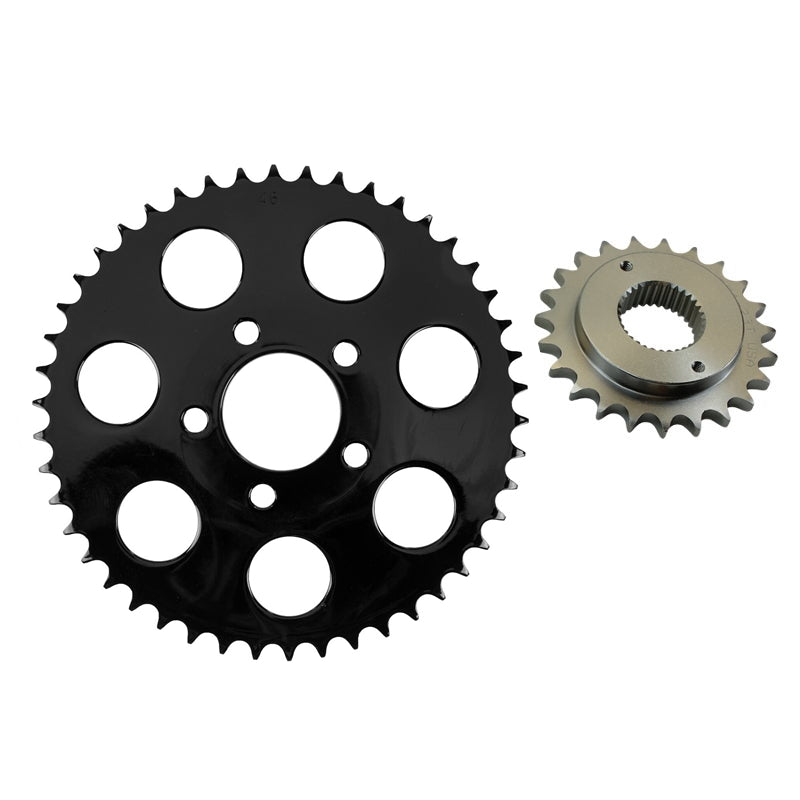 A black TC Bros Belt to Chain Conversion kit fits 1995 - 1999 XL Sportster Models front steel sprocket and sprocket set on a white background.