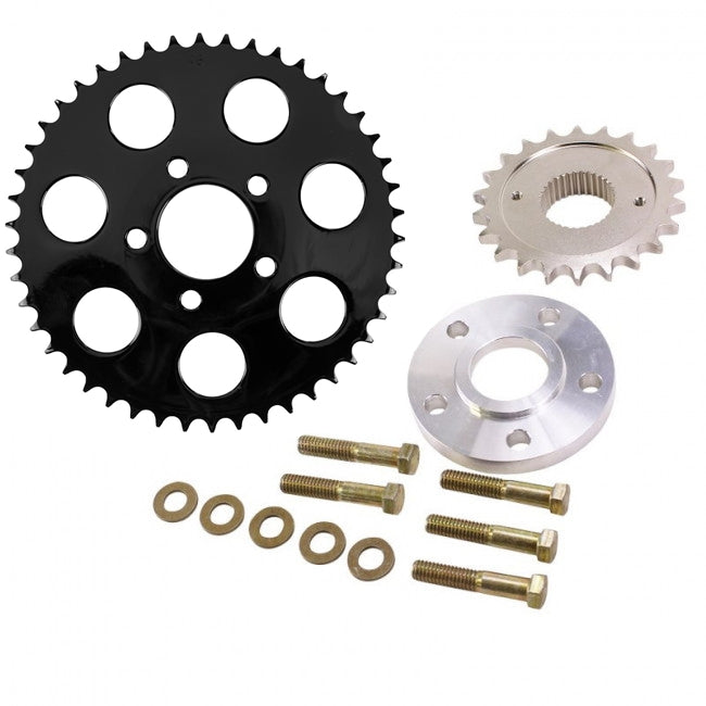 A TC Bros. Belt to Chain Conversion kit, pulley setup, and black sprocket on a white background.