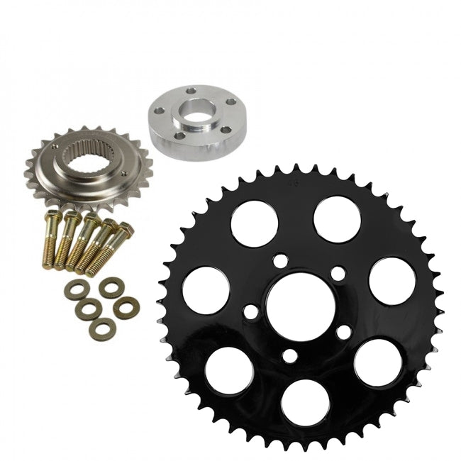 A TC Bros Belt to Chain Conversion Kit fits 2006-17 Dyna models (Black Sprocket) includes a front steel sprocket and black steel rear sprocket, perfect for Harley Davidson Dyna models on a white background.