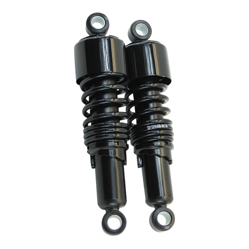 Two black Burly Slammer 10.5" Shocks for Harley Davidson Sportster XL 1988-2003 - Black on a white background.