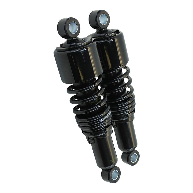 A pair of Burly Slammer 10.5" Shocks for Harley Davidson Sportster XL 2004-2015 - Black on a white background.